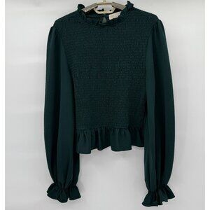 Leela Lavender Dark Green Smocked Long‎ Sleeve Top Flowy Arms Peplum Ruffles Med